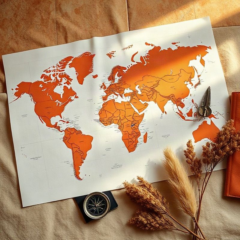 Mapa del mundo con accesorios de viaje en tonos terracota sobre lino crema