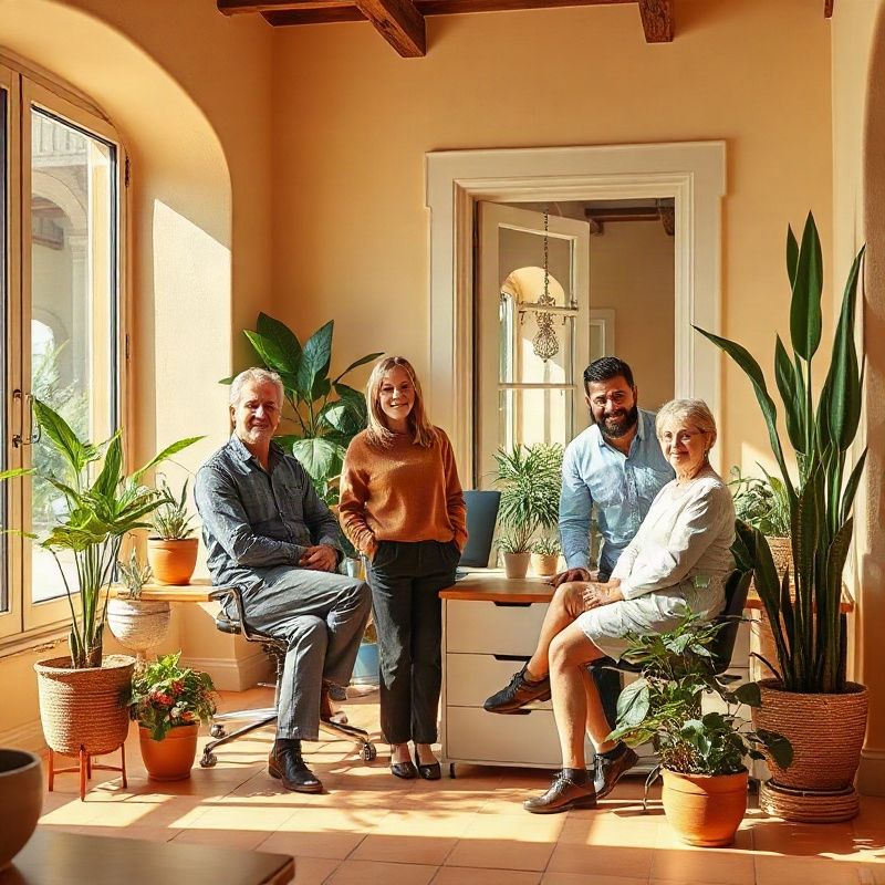 Equipo de cuatro personas en una oficina luminosa con cerámicas terracota