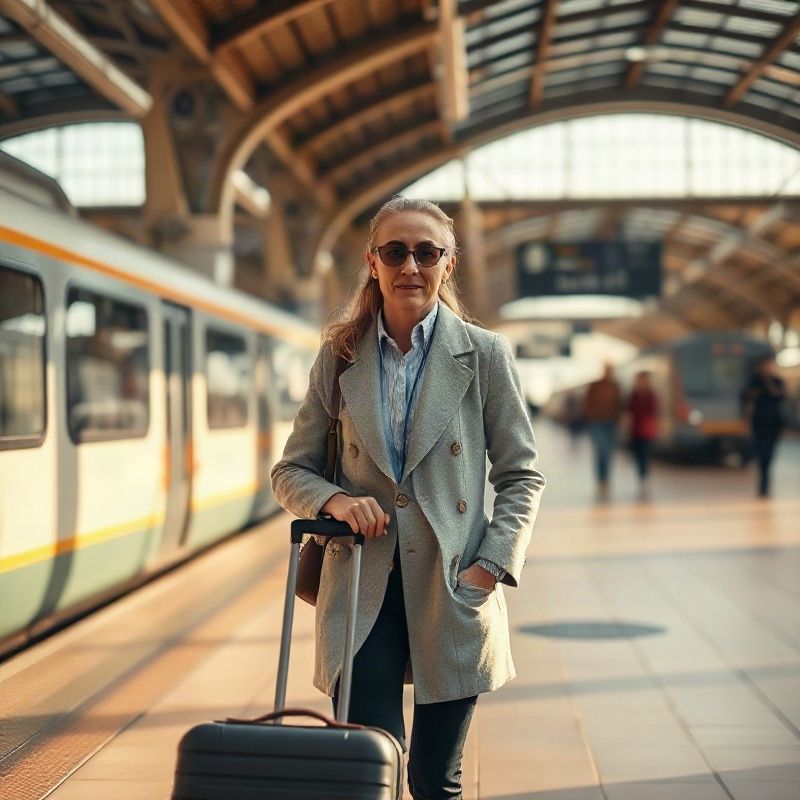 Viajero profesional con maleta en una estación europea iluminada