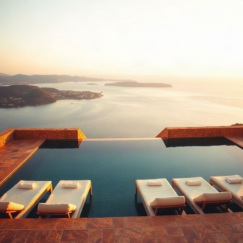 Piscina infinita privada sobre el mar Egeo al atardecer