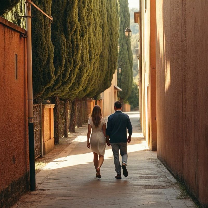 Pareja caminando por una callejuela toscana bañada de sol